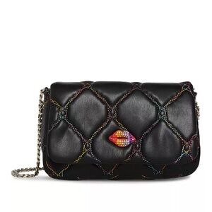 Betsey Johnson Quilted Bag Rhinestone Lips Rainbow Stitching on Black